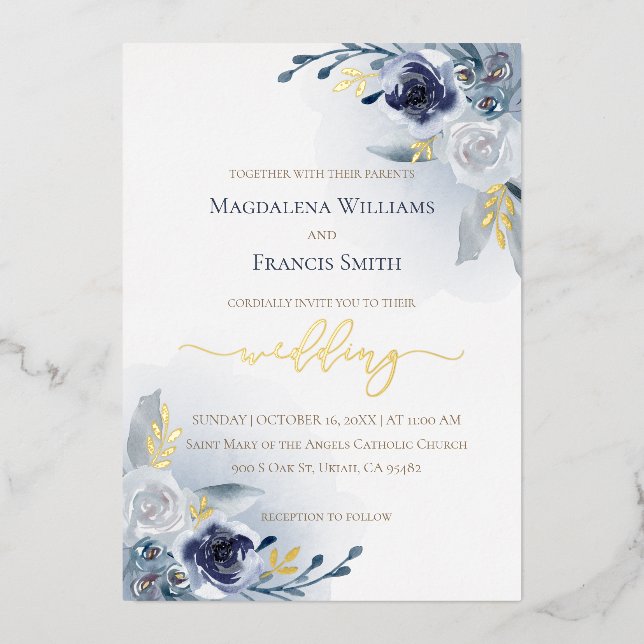 real foil details blue watercolor roses wedding (Front)