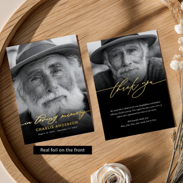 Real Foil Elegant 2-Photo Memorial Thank You Card (Creator Uploaded)