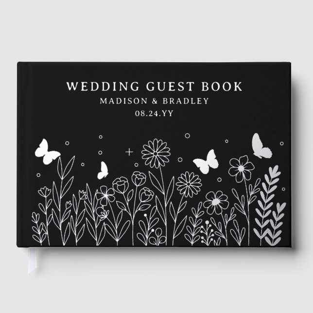 Real Foil Elegant Floral Black Wedding Guest Book (Front)