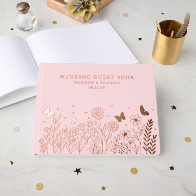 Real Foil Elegant Floral Pink Wedding Guest Book (Front Open)