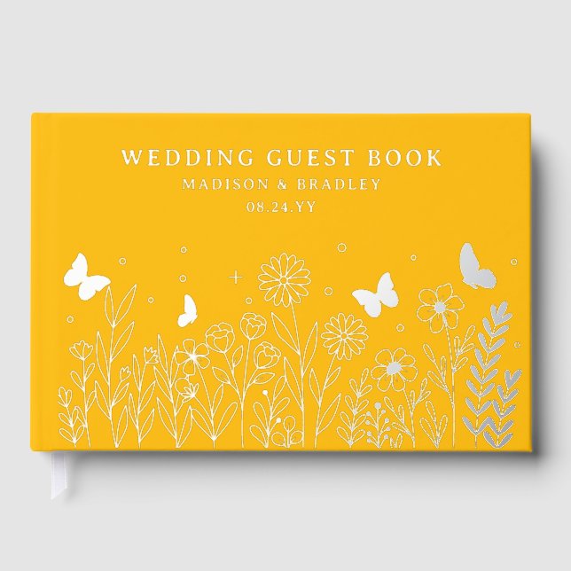 Real Foil Elegant Floral Yellow Wedding Guest Book (Front)