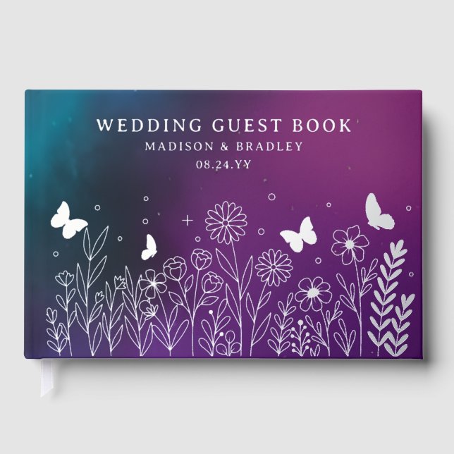 Real Foil Elegant Purple Teal Floral Wedding Guest Book (Front)