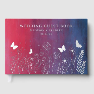 Real Foil Elegant Red Blue Floral Wedding Guest Book