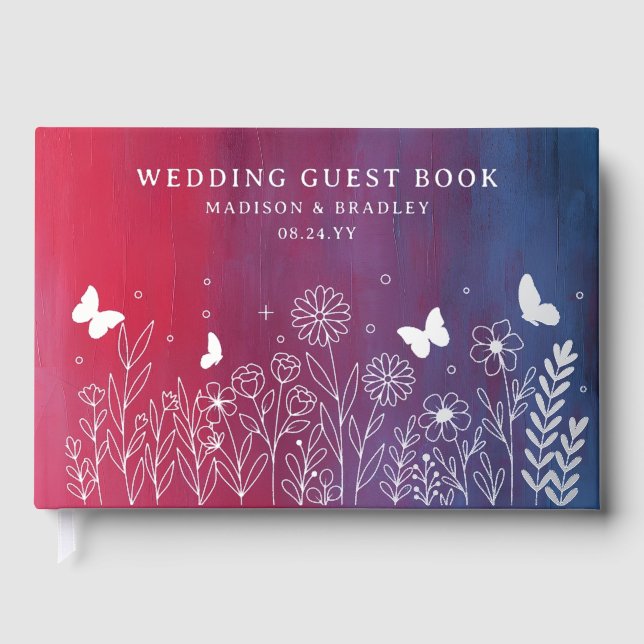 Real Foil Elegant Red Blue Floral Wedding Guest Book (Front)