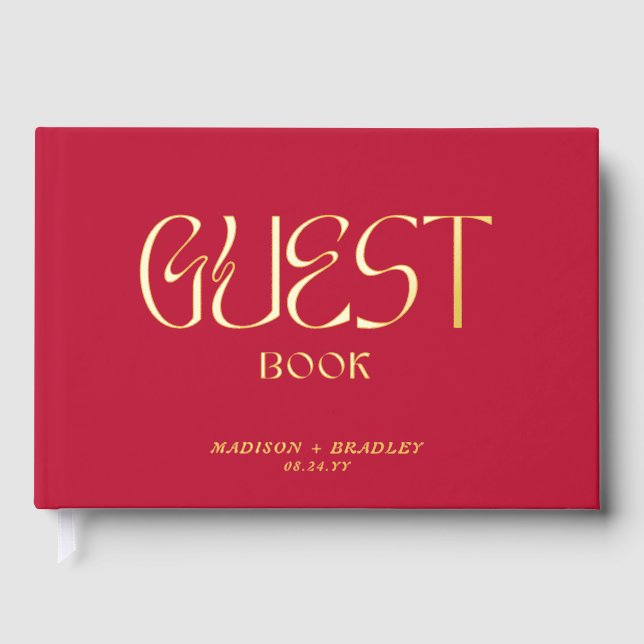 Real Foil Elegant Red Calligraphy Script Wedding Guest Book (Front)