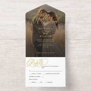 *REAL FOIL* Elegant Script Photo Wedding All In One Invitation