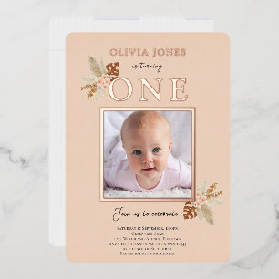 Real Foil, Floral 1st Birthday invitation in peach
