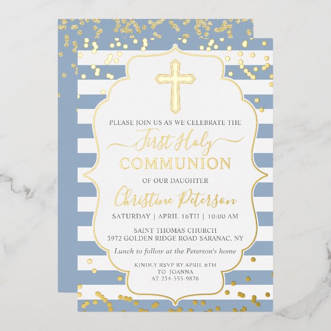 Real Foil Gold Dusty Blue Stripes First Communion (Front/Back)
