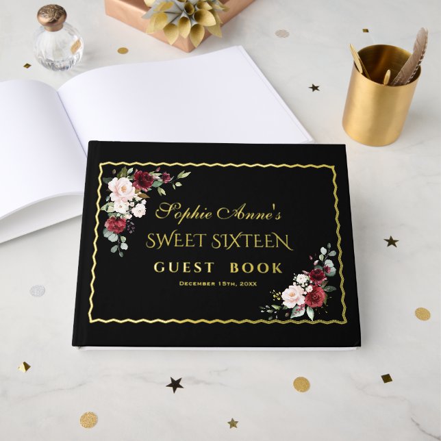 Real Foil Gold Frame Black Sweet Sixteen Party Guest Book (Front Open)