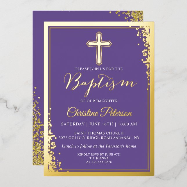 Real Foil Gold Glitter Lavender Purple Baptism (Front/Back)