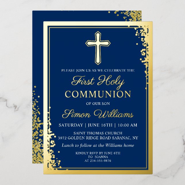 Real Foil Gold Glitter Navy Blue First Communion (Front/Back)
