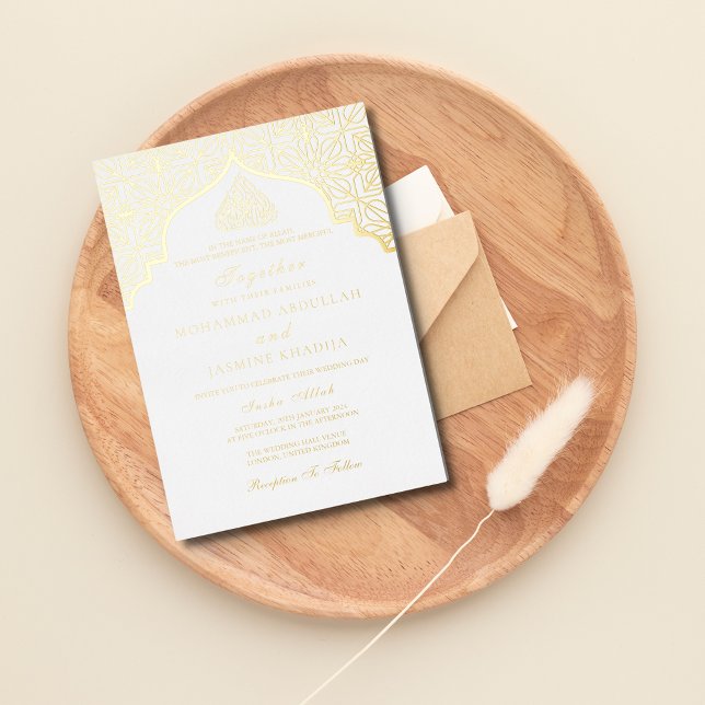 Real foil Gold White Masjid Wording Muslim Wedding (Creator Uploaded)