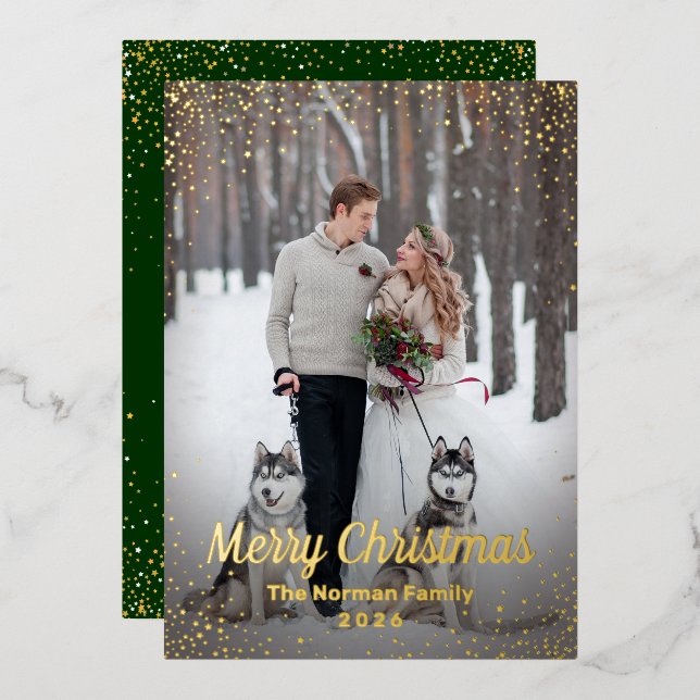 Real Foil Green Gold Christmas Photo Holiday Card (Front/Back)