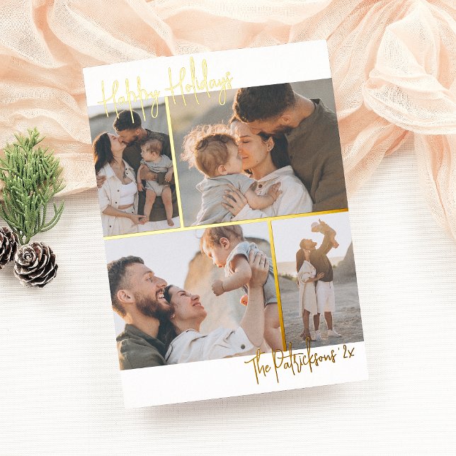 Real Foil | Handwriting 4 Multi-Photo Christmas Foil Holiday Card (Creator Uploaded)