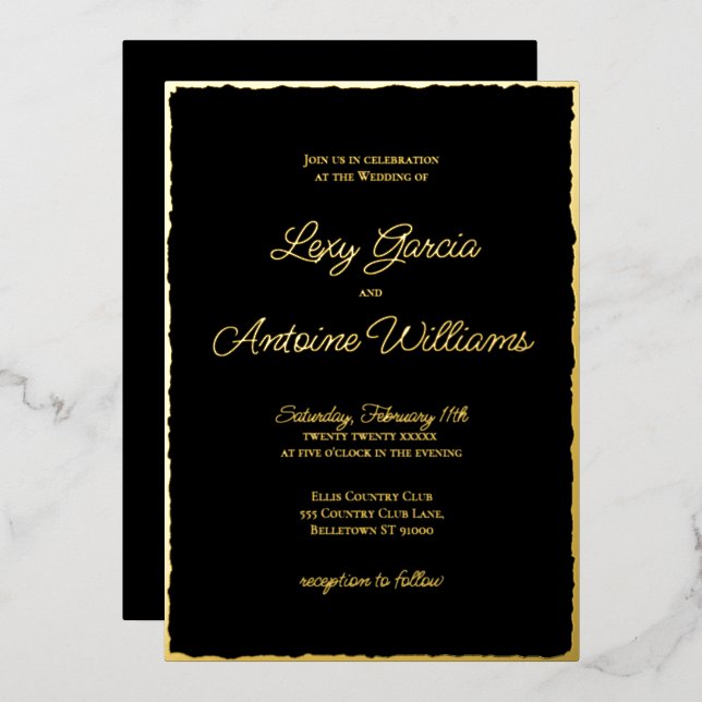 Real Foil Luxe Gold Edge Black Wedding Invitation (Front/Back)