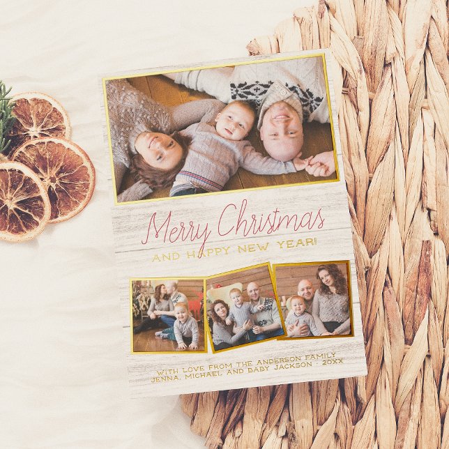 Real Foil | Merry Christmas Rustic Wood 4 Photo Foil Holiday Card (Creator Uploaded)