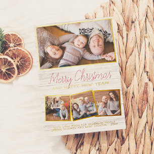 Real Foil   Merry Christmas Rustic Wood 4 Photo Holiday Card