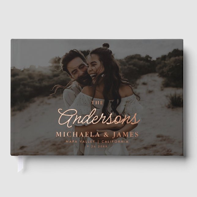 *REAL FOIL* Modern Elegant Script Rose Wedding Guest Book (Front)