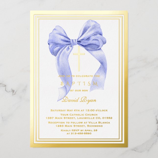 Real Foil Modern Gold Blue Bow Boy Baptism (Front)