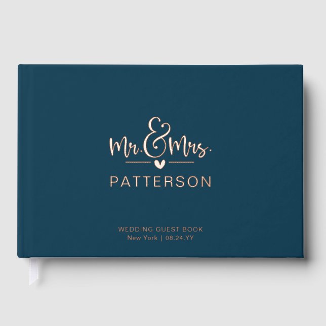 Real Foil Mr & Mrs Personalised Name Blue Wedding Guest Book (Front)