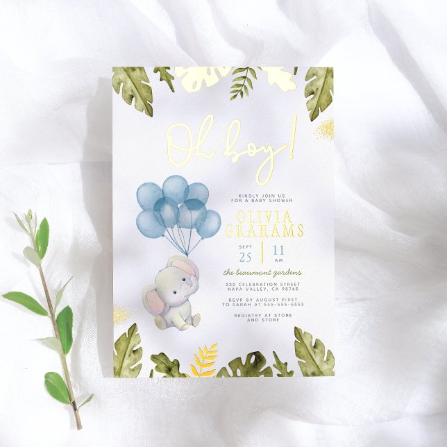 Real Foil | Oh Boy Watercolor Elephant Baby Shower (Creator Uploaded)