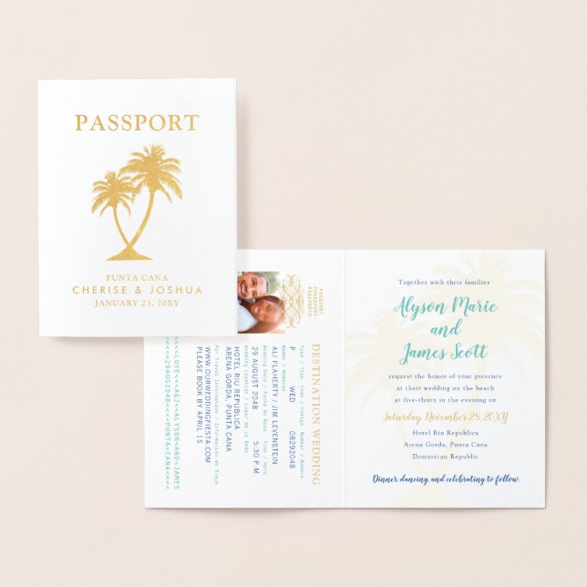 Real Foil Palm Tree Passport Wedding Invitation (Display)
