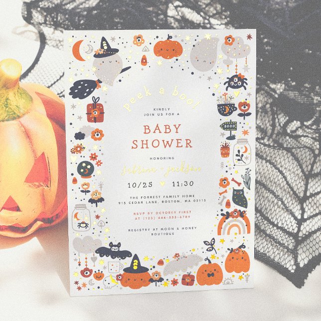 Real Foil | Peek A Boo Boho Halloween Baby Shower Foil Invitation Postcard (Creator Uploaded)