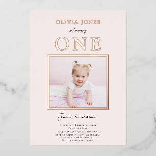 Real Foil, Photo 1st Birthday invitation in pink