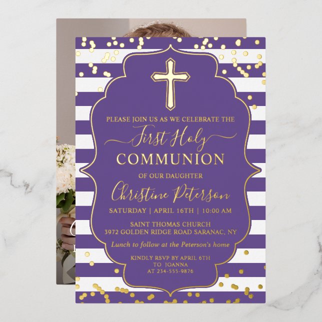 Real Foil Photo Gold Purple Stripe First Communion (Front/Back)
