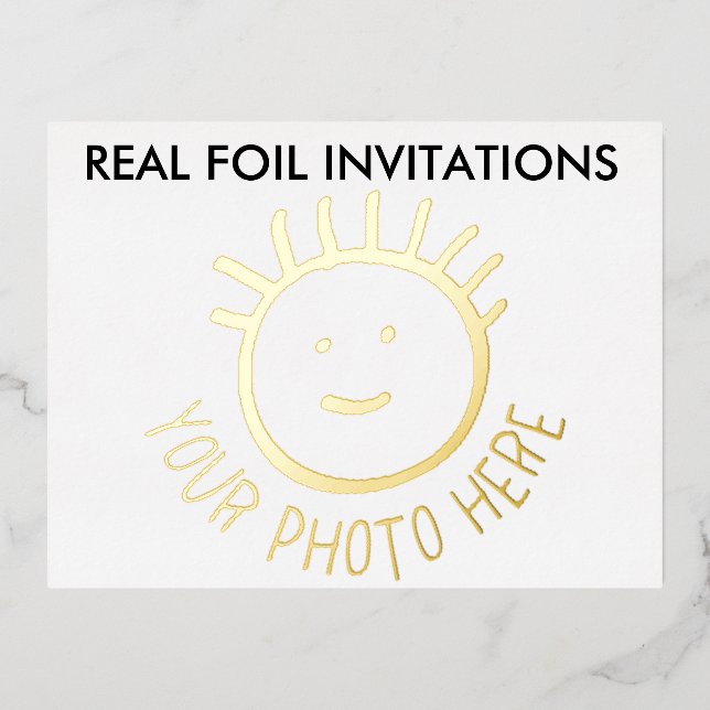 REAL FOIL PHOTO Kids Party Invitations GOLD (Front)