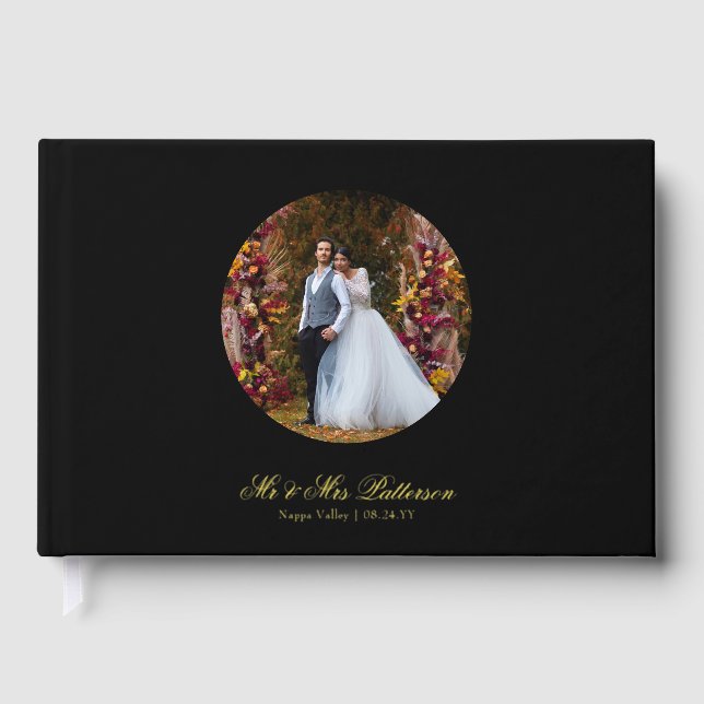 Real Foil Photo Simple Personalised Black Wedding Guest Book (Front)