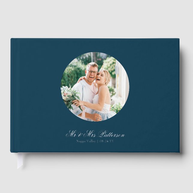 Real Foil Photo Simple Personalised Blue Wedding Guest Book (Front)