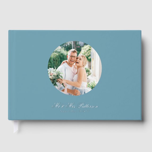 Real Foil Photo Simple Personalised Blue Wedding Guest Book (Front)
