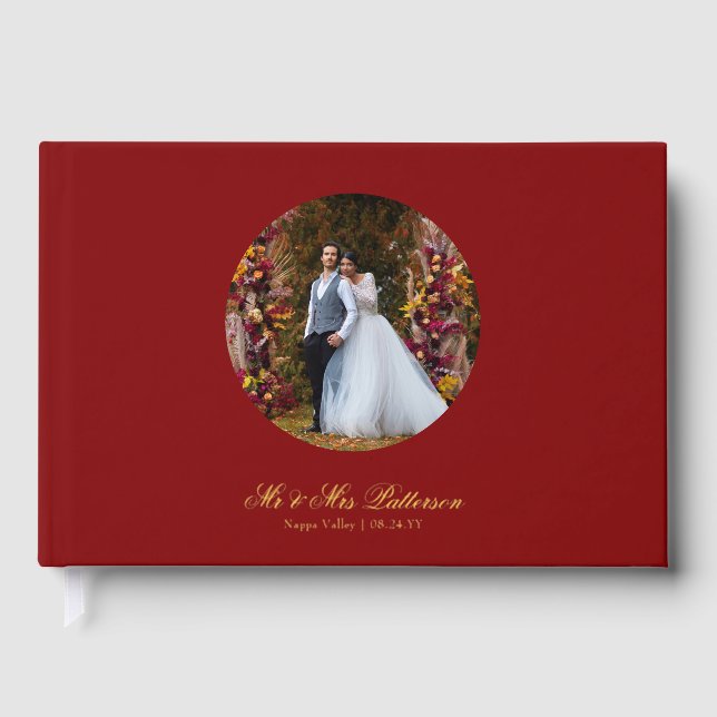 Real Foil Photo Simple Personalised Red Wedding Guest Book (Front)