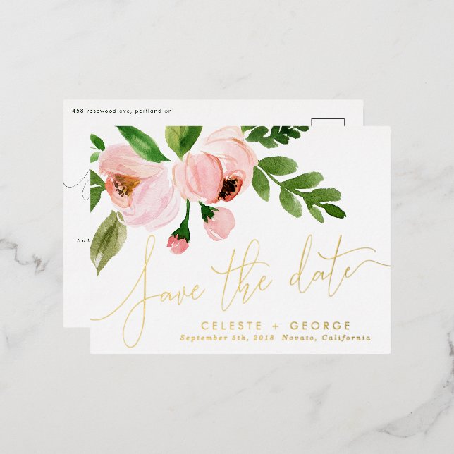 real foil pink floral elegant save the date foil holiday postcard (Front/Back)