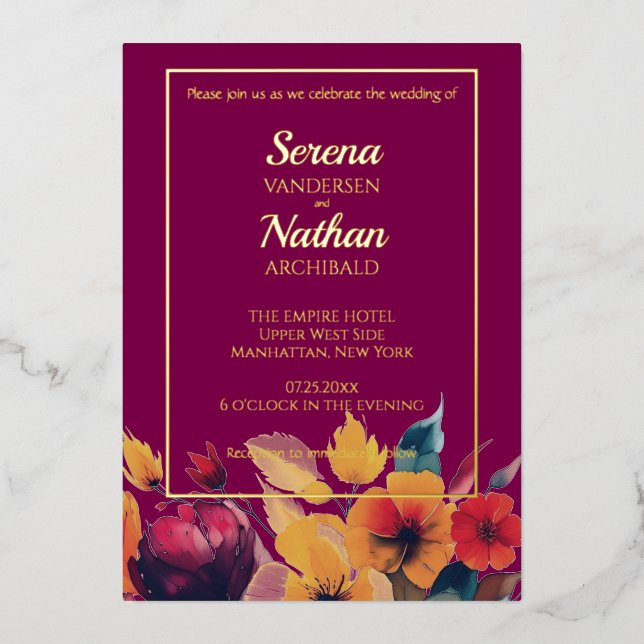 Real Foil Plum Wildflowers Elegant Wedding (Front)