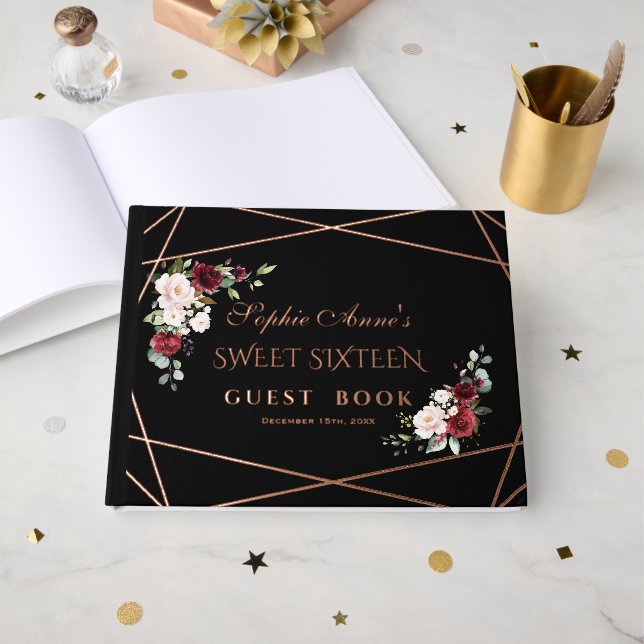 Real Foil Rose Gold Black Sweet Sixteen Party Guest Book (Front Open)