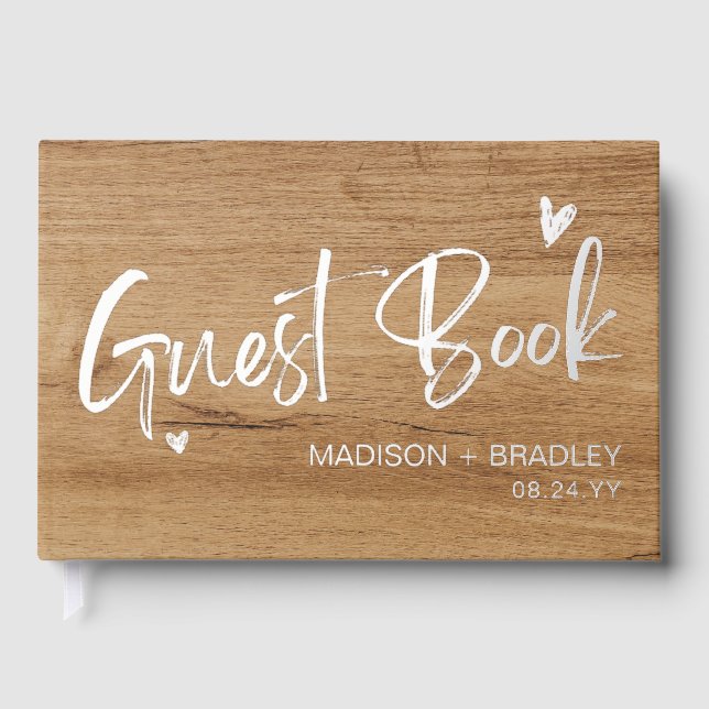 Real Foil Silver Calligraphy Script Wooden Wedding Guest Book (Front)