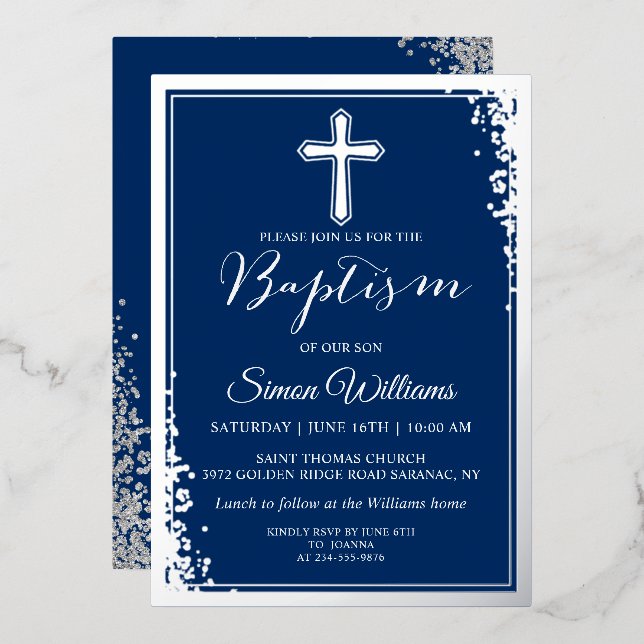 Real Foil Silver Glitter Navy Blue Boy Baptism (Front/Back)