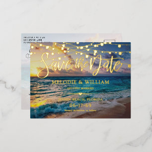 Real Foil Tropical Beach Save the Date Postcard