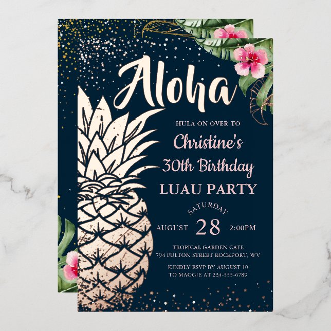 Real Foil Tropical Pineapple Floral Luau Rose Gold (Front/Back)
