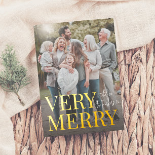 Real Foil   Very Merry Family Photo Christmas  Holiday Card