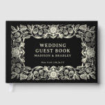 Real Foil Vintage Floral Black Gold Wedding Guest Book<br><div class="desc">Real Foil Vintage Floral Black Gold Wedding Guest Book features a vintage flower frame border in gold foil script with your names,  location and wedding date on a black background. Add your custom text on the spine of the guest book. Created by Evco Studio www.zazzle.com/store/evcostudio</div>