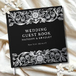 Real Foil Vintage Floral Black Wedding Guest Book<br><div class="desc">Real Foil Vintage Floral Black Wedding Guest Book features a vintage flower frame border in silver foil script with your names,  location and wedding date on a black background. Add your custom text on the spine of the guest book. Created by Evco Studio www.zazzle.com/store/evcostudio</div>