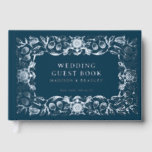 Real Foil Vintage Floral Blue Wedding Guest Book<br><div class="desc">Real Foil Vintage Floral Blue Wedding Guest Book features a vintage flower frame border in silver foil script with your names,  location and wedding date on a blue background. Add your custom text on the spine of the guest book. Created by Evco Studio www.zazzle.com/store/evcostudio</div>
