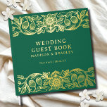 Real Foil Vintage Floral Green Wedding Guest Book<br><div class="desc">Real Foil Vintage Floral Green Wedding Guest Book features a vintage flower frame border in gold foil script with your names,  location and wedding date on a green background. Add your custom text on the spine of the guest book. Created by Evco Studio www.zazzle.com/store/evcostudio</div>
