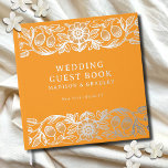 Real Foil Vintage Floral Orange Wedding Guest Book<br><div class="desc">Real Foil Vintage Floral Orange Wedding Guest Book features a vintage flower frame border in silver foil script with your names,  location and wedding date on a orange
 background. Add your custom text on the spine of the guest book. Created by Evco Studio www.zazzle.com/store/evcostudio</div>