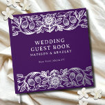 Real Foil Vintage Floral Purple Wedding Guest Book<br><div class="desc">Real Foil Vintage Floral Purple Wedding Guest Book features a vintage flower frame border in silver foil script with your names,  location and wedding date on a purple background. Add your custom text on the spine of the guest book. Created by Evco Studio www.zazzle.com/store/evcostudio</div>