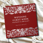 Real Foil Vintage Floral Red Wedding Guest Book<br><div class="desc">Real Foil Vintage Floral Red Wedding Guest Book features a vintage flower frame border in silver foil script with your names,  location and wedding date on a red background. Add your custom text on the spine of the guest book. Created by Evco Studio www.zazzle.com/store/evcostudio</div>