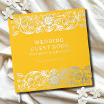 Real Foil Vintage Floral Yellow Wedding Guest Book<br><div class="desc">Real Foil Vintage Floral Yellow Wedding Guest Book features a vintage flower frame border in silver foil script with your names,  location and wedding date on a yellow background. Add your custom text on the spine of the guest book. Created by Evco Studio www.zazzle.com/store/evcostudio</div>